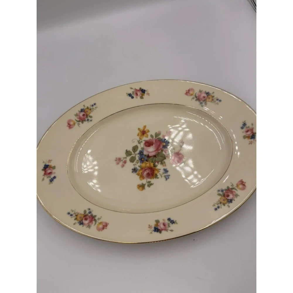 Vintage Czechoslovakia Floral Porcelain Serving Platter Gold Trim Oval 13” Roses
